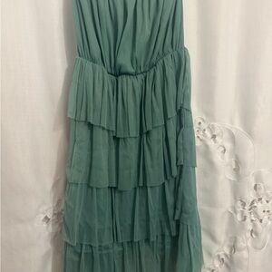 Elegant Sage Green, Tiered Strapless Dress; Beautiful Soft Tulle Layers.